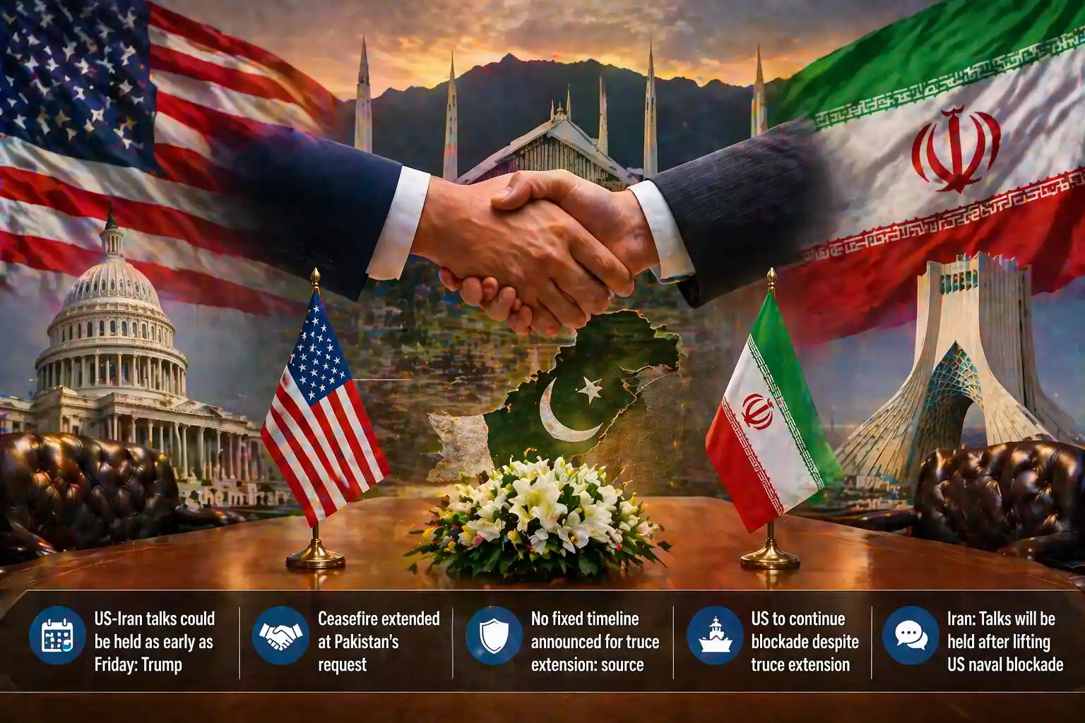 "US and Iran representatives shaking hands at the start of peace talks, with flags and symbolic landmarks in the background, highlighting Pakistan's mediation role."