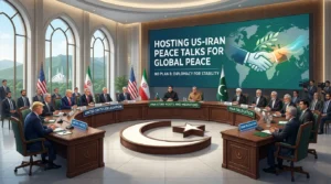 Illustration of Bilawal Bhutto Zardari hosting US-Iran peace talks in Islamabad with 'NO PLAN B' text.