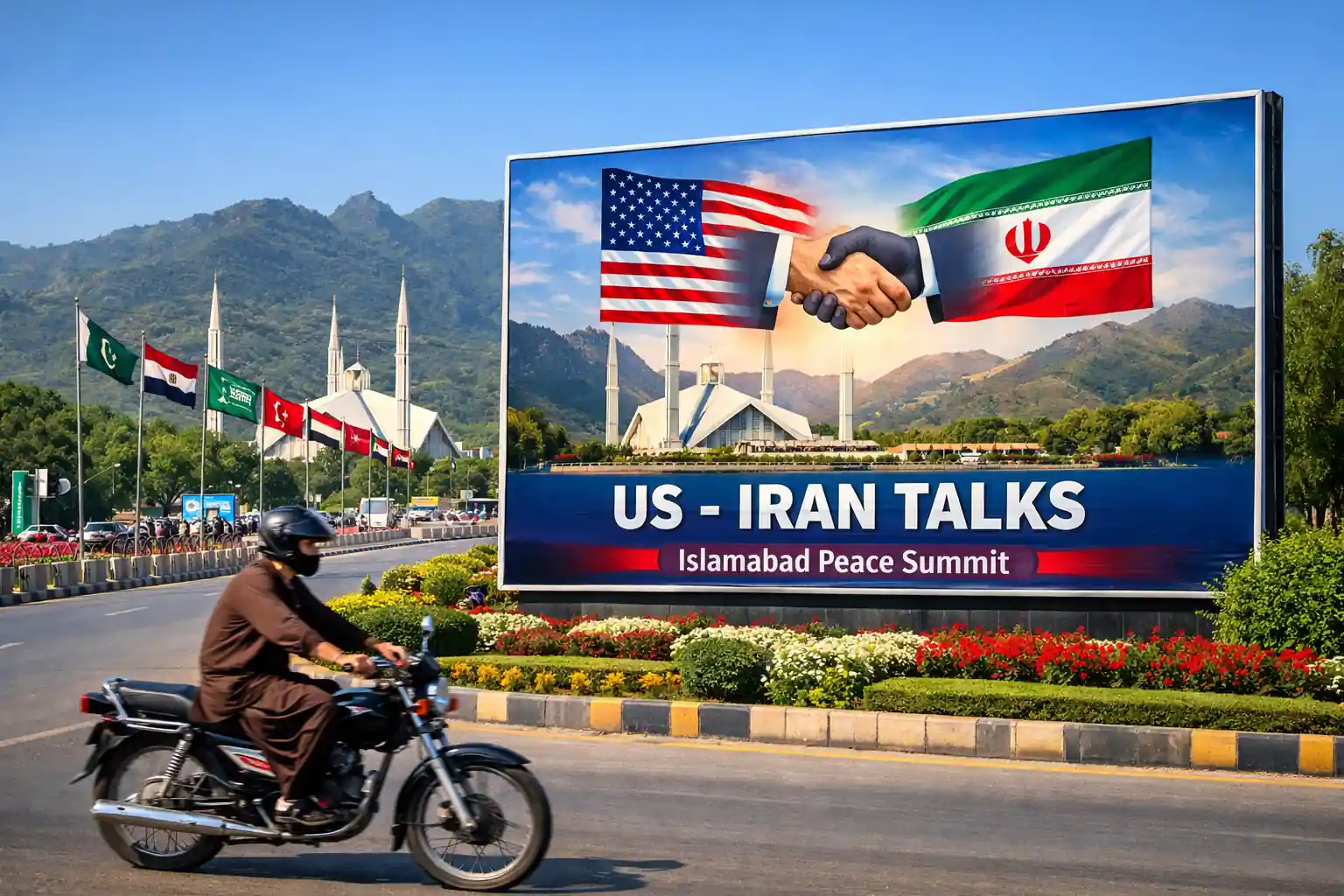 Motorcyclist passing billboard in Islamabad showing US Iran talks with Faisal Mosque background and peace summit visuals