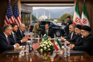 US Iran talks in Islamabad showing diplomatic meeting between US and Iranian officials with Pakistan mediating