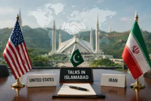 Diplomatic scene in Islamabad for US-Iran talks with flags, nameplates, and the Faisal Mosque in the background.