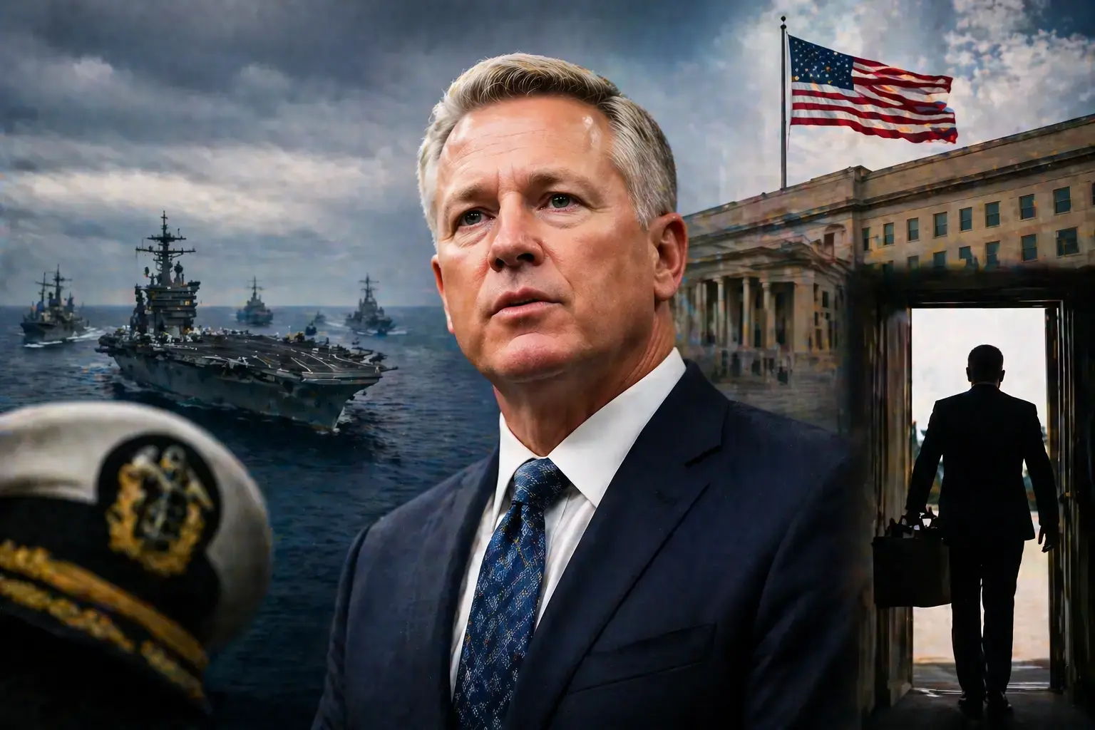 US Navy Secretary John Phelan fired amid tensions and naval blockade of Iran, with a dramatic background of military and Pentagon elements