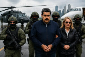 US soldier in handcuffs with armed agents on a rainy airport tarmac, flanked by military personnel and a helicopter, as he is escorted alongside former Venezuelan president Maduro."