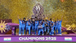 Womens T20 World Cup champions celebrating victory with trophy and confetti on stage