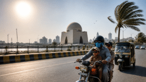 Karachi heatwave showing people riding motorbike under extreme sun near city landmark during hot weather