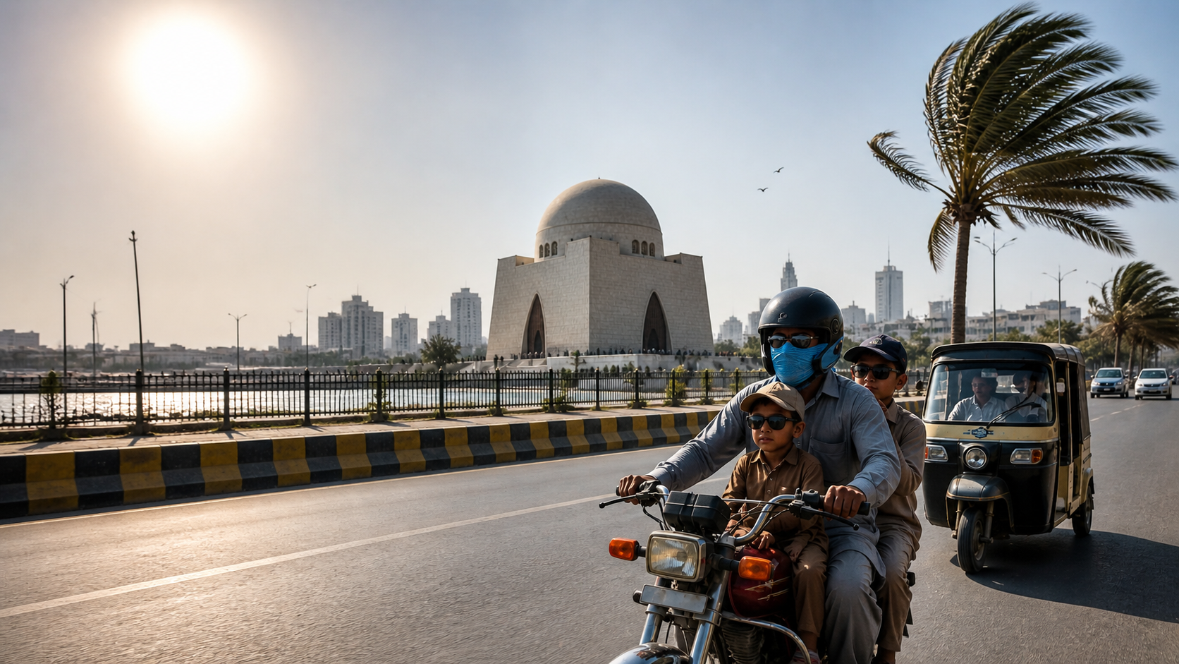 Karachi heatwave showing people riding motorbike under extreme sun near city landmark during hot weather