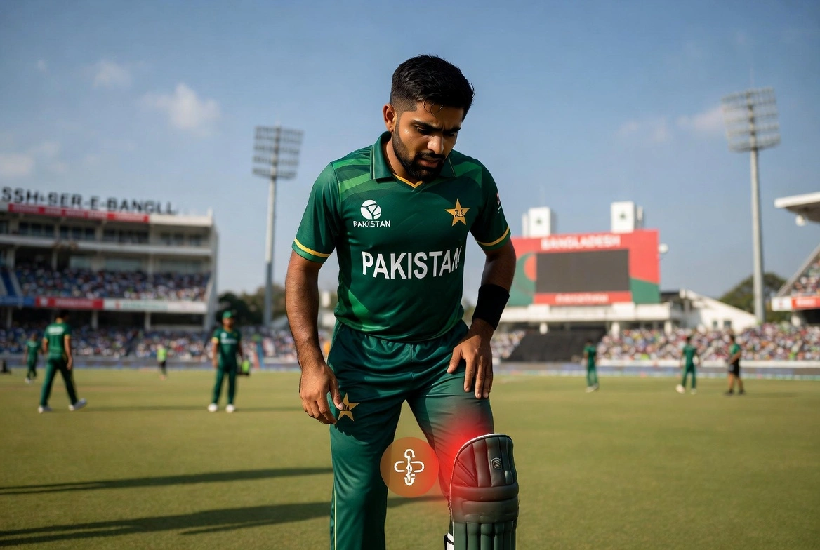 Babar Azam holding his left knee with injury concern during Pakistan vs Bangladesh first Test match at Sher-e-Bangla National Stadium in Dhaka