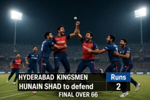 Hyderabad Kingsmen players celebrating Kingsmen Victory after thrilling 2-run win over Islamabad United in PSL 11 eliminator at Gaddafi Stadium with Hunain Shah heroics