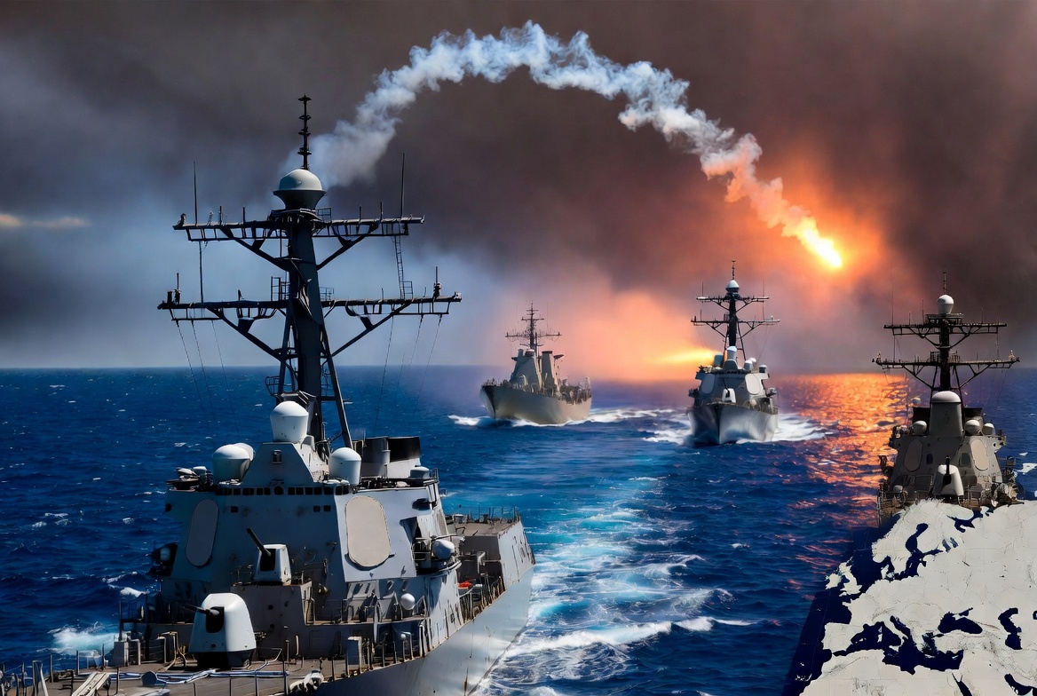 US Navy destroyers and Iranian forces exchanging fire with missile trails in the Strait of Hormuz during tense ceasefire violation between US and Iran