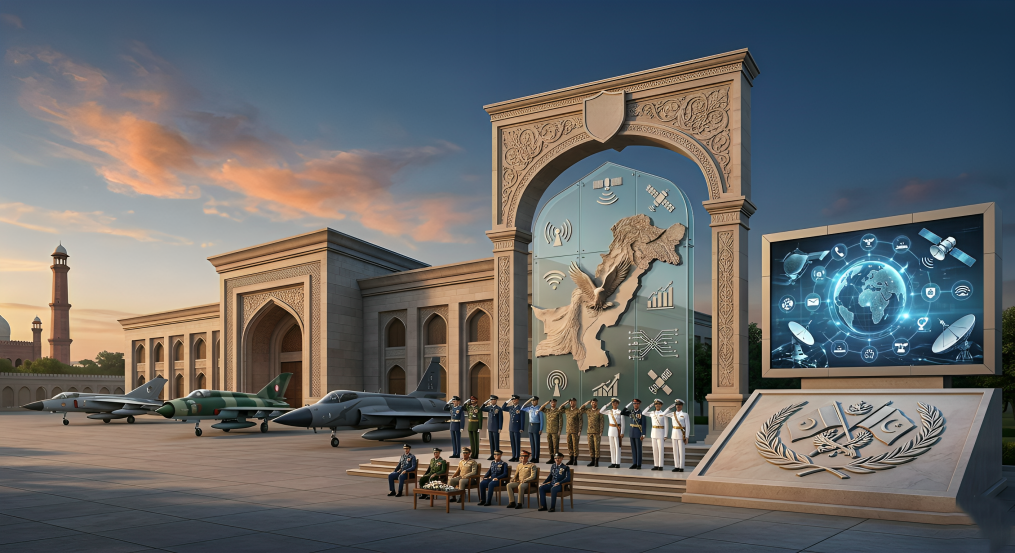 A high-quality landscape illustration of Pakistan Air Force jets and military modernization symbols marking the first anniversary of Marka-e-Haq.