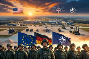 German soldiers standing with European Union, German and NATO flags at a military base during sunset representing European Defence strengthening after US troops withdrawal from Germany