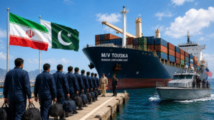 Iranian crew transfer showing cargo ship MV Touska and crew members being moved via Pakistan for repatriation