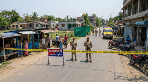 Kolkata Police and security forces standing guard at a crime scene during the recent West Bengal violence following the state assembly elections.