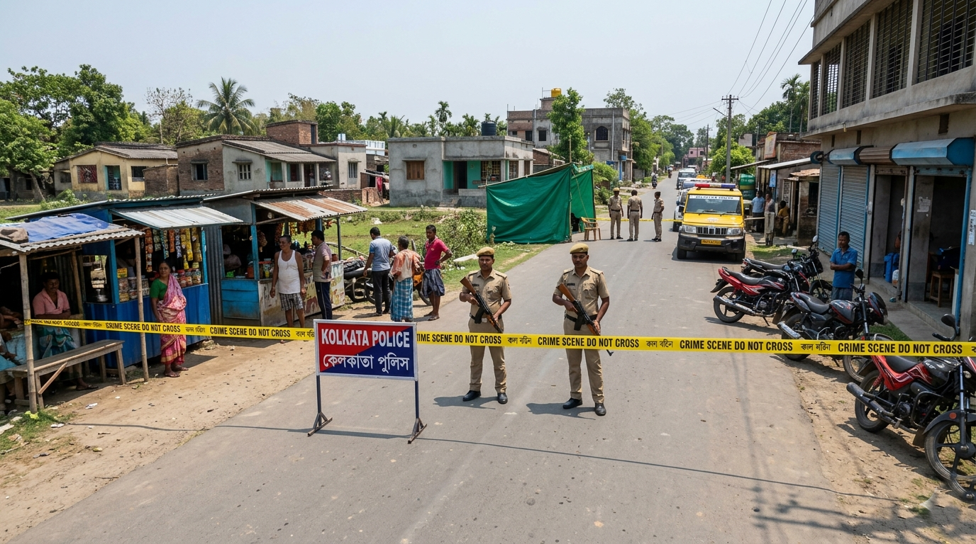 Kolkata Police and security forces standing guard at a crime scene during the recent West Bengal violence following the state assembly elections.