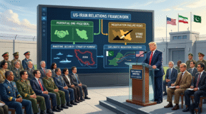 : President Trump speaking at a diplomatic briefing regarding the Iran Nuclear Deal framework with international military and government officials.
