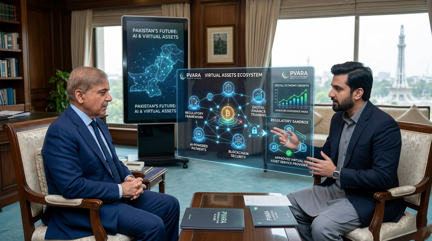 Prime Minister Shehbaz Sharif briefing on virtual assets Pakistan regulatory framework and AI digital finance.