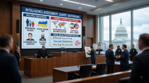 An intelligence assessment screen displaying the potential Cole Allen motive and social media footprint in a courtroom setting.