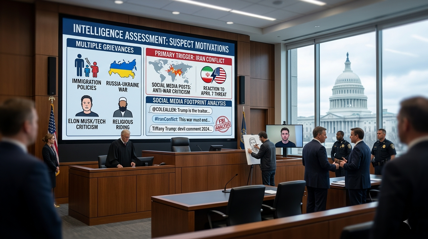 An intelligence assessment screen displaying the potential Cole Allen motive and social media footprint in a courtroom setting.