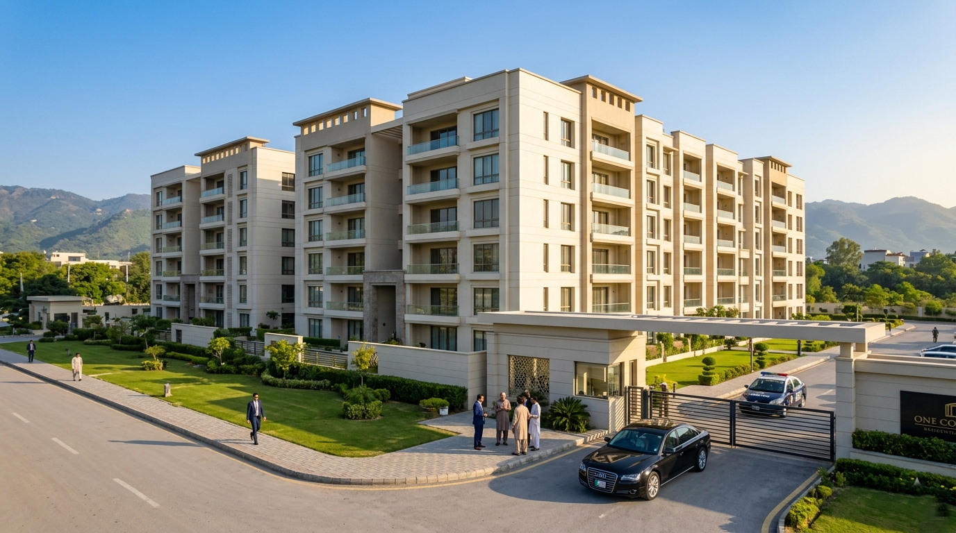 A professional landscape view of One Constitution Avenue building in Islamabad representing the government compensation plan for apartment owners.