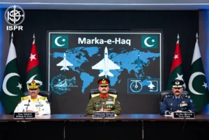 Tri-service press conference on Marka-e-Haq with Lieutenant General Ahmed Sharif Chaudhry, Rear Admiral Shifaat Ali Khan and Air Vice Marshal Tariq Ghazi addressing the media in Islamabad