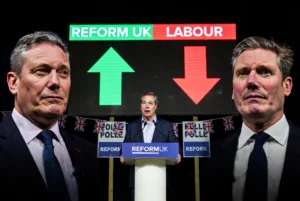 Reform UK Gains in UK local elections with Nigel Farage celebrating while Keir Starmer and Labour Party face major losses shown on election results board