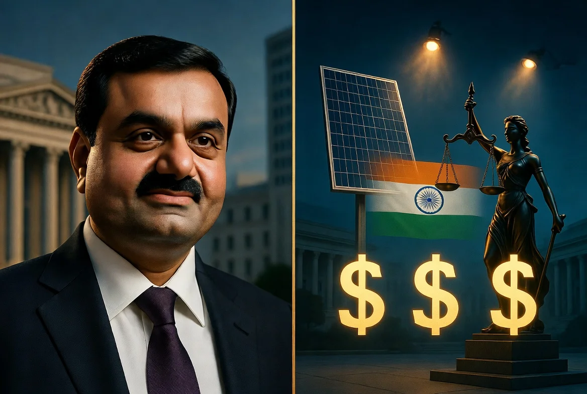 Gautam Adani in a professional business suit with New York courthouse, scales of justice, solar panels and dollar signs representing the Adani Penalty Settlement of $18 million in the US bribery case.