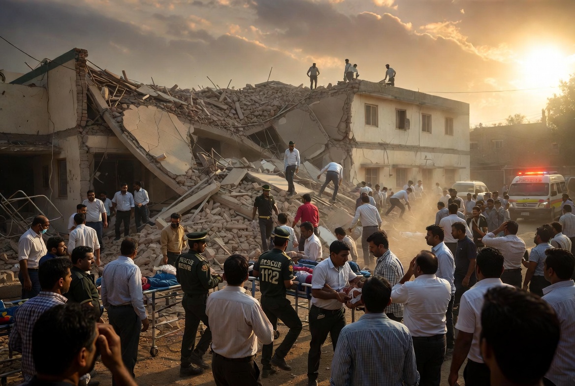 Tragic DG Khan school collapse scene showing rescue teams and emergency workers searching through rubble at The Little Scholars School where four students died and 20 were injured