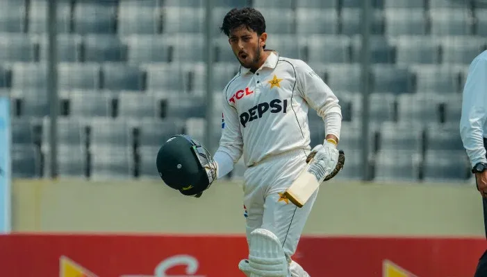 Azan Awais celebrates his century on Test debut for Pakistan against Bangladesh