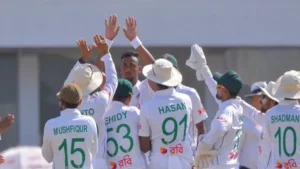 Bangladesh players celebrate victory against Pakistan in the first Test match after Nahid Rana's brilliant bowling performance