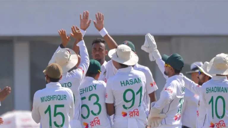 Bangladesh players celebrate victory against Pakistan in the first Test match after Nahid Rana's brilliant bowling performance