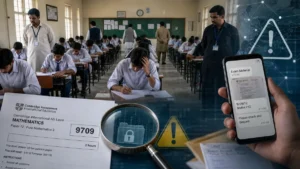 Cambridge Paper Leak image showing students in an exam hall, an AS Maths paper, and a phone screen suggesting the leaked paper incident.