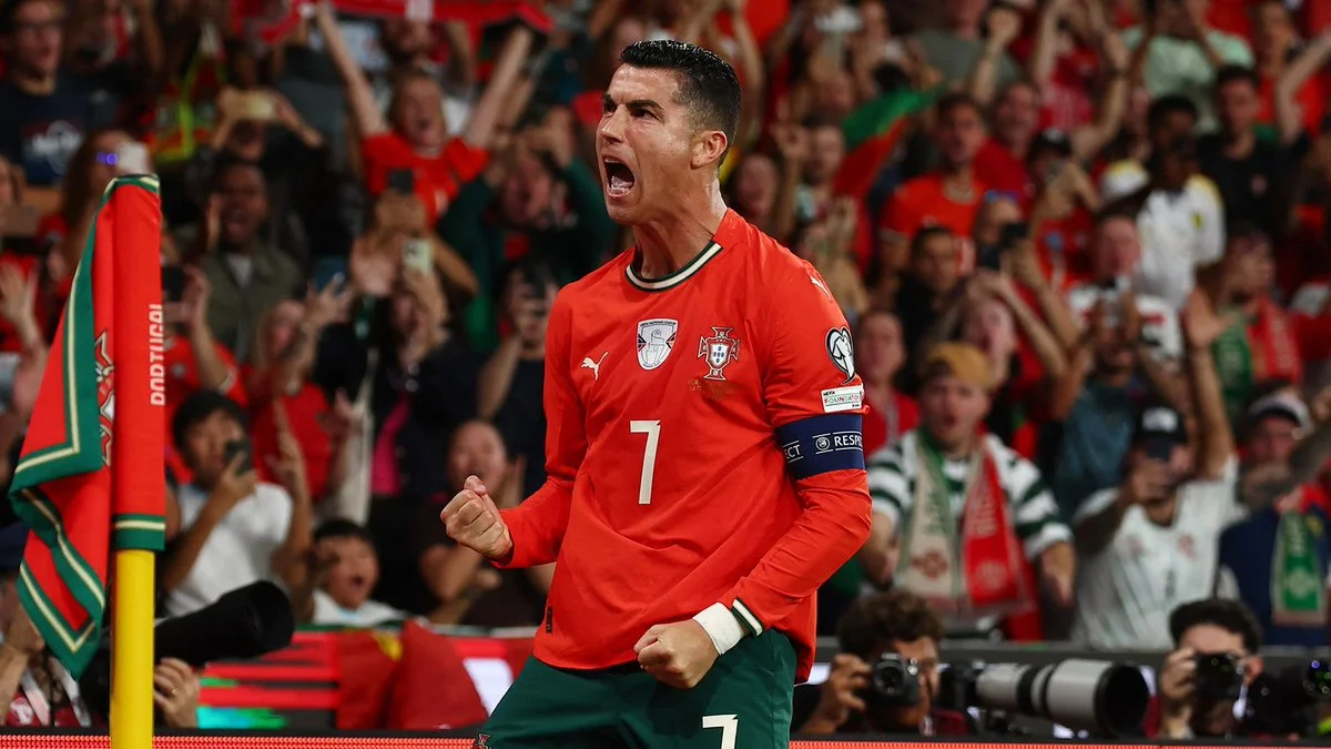 Cristiano Ronaldo celebrates passionately during a Portugal international football match before the 2026 FIFA World Cup