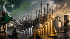 Diesel Price Gap showing Pakistan oil refinery, fuel pump, rising charts, and refinery profit concerns.