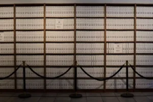 Shelves displaying millions of Epstein Files documents at the New York pop up exhibit