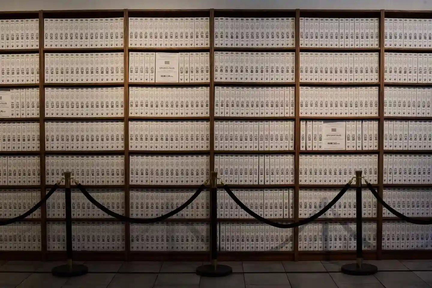 Shelves displaying millions of Epstein Files documents at the New York pop up exhibit