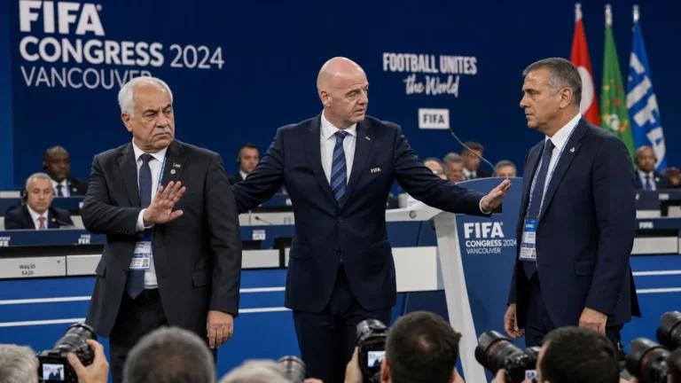 Fifa meeting showing a tense moment between Palestinian and Israeli football officials during the FIFA Congress in Vancouver