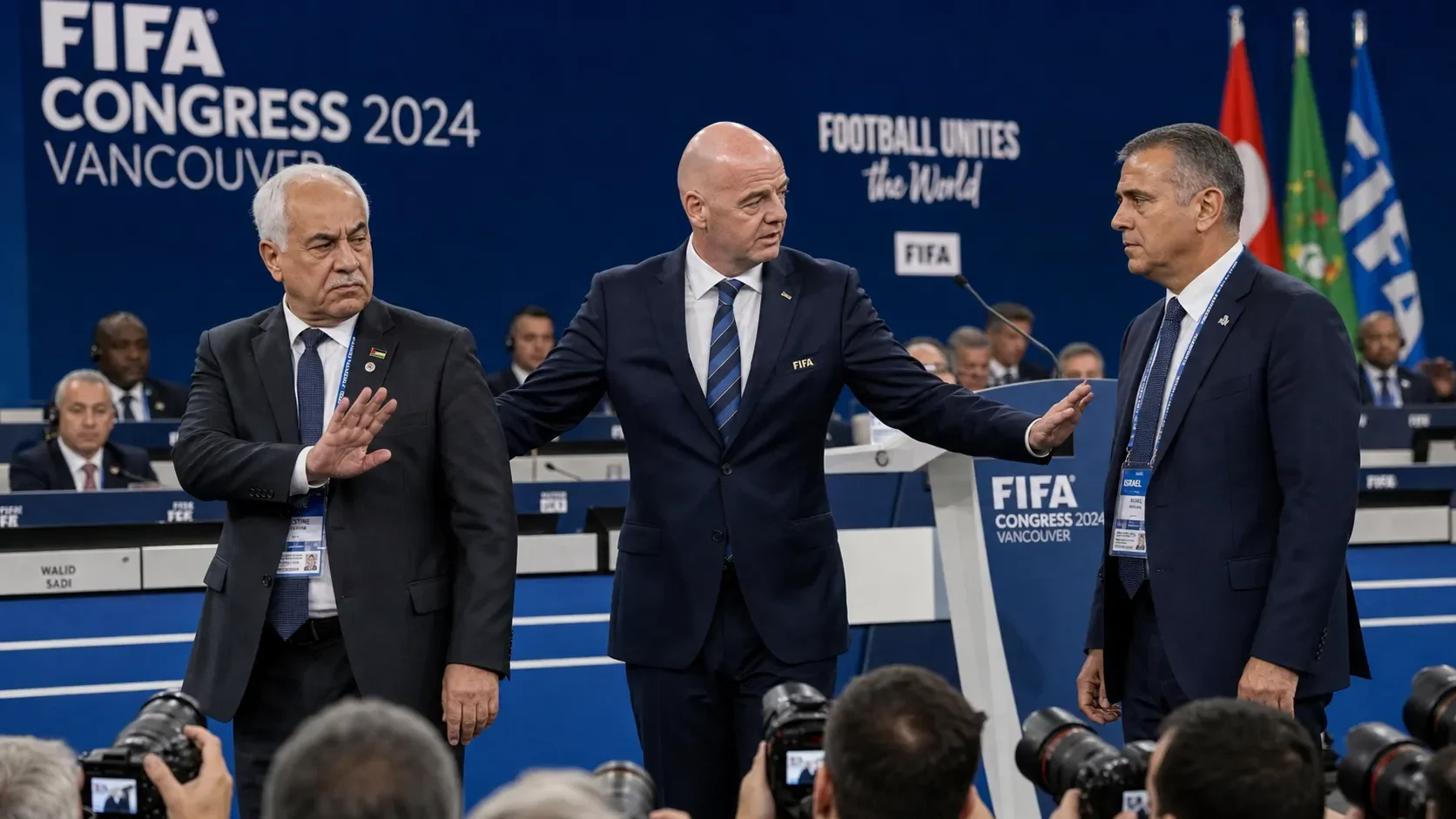 Fifa meeting showing a tense moment between Palestinian and Israeli football officials during the FIFA Congress in Vancouver