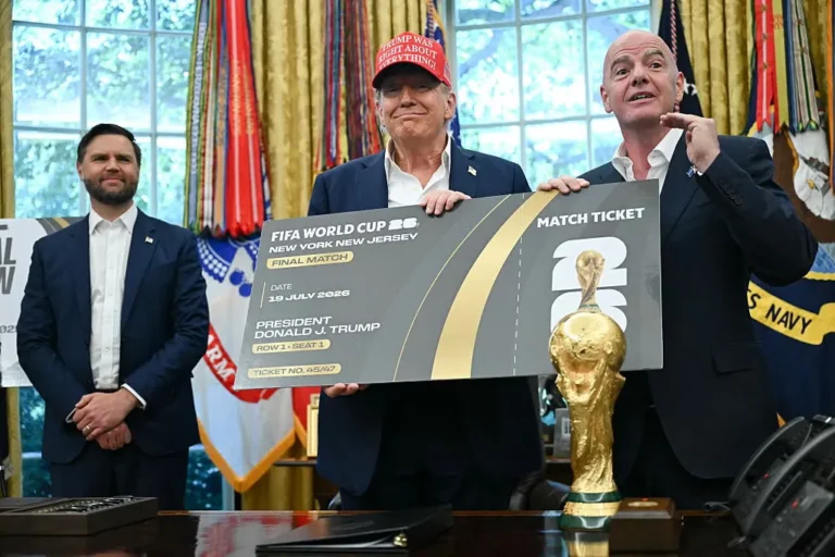 Donald Trump and FIFA officials announcing FIFA visa waiver plans for World Cup fans in the United States