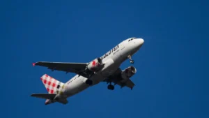 Passenger airplane during flight related to fuel surcharge concerns in Europe