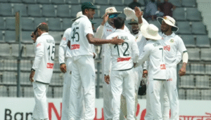 Bangladeshi players celebrating a crucial wicket against the Pakistan cricket team during the second Test match in Sylhet.