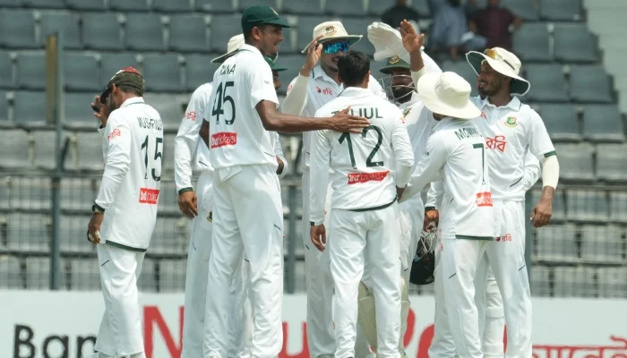 Bangladeshi players celebrating a crucial wicket against the Pakistan cricket team during the second Test match in Sylhet.