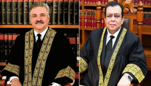 Portrait collage of Chief Justice of Pakistan Yahya Afridi and Justice Shahid Bilal Hassan regarding FCC jurisdiction ruling.
