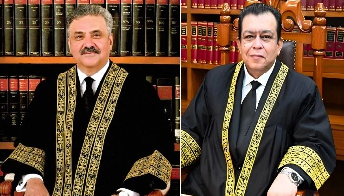 Portrait collage of Chief Justice of Pakistan Yahya Afridi and Justice Shahid Bilal Hassan regarding FCC jurisdiction ruling.
