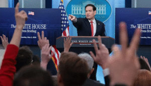 US Secretary of State Marco Rubio addressing the media regarding the conclusion of the US Iran offensive and shipping safety.