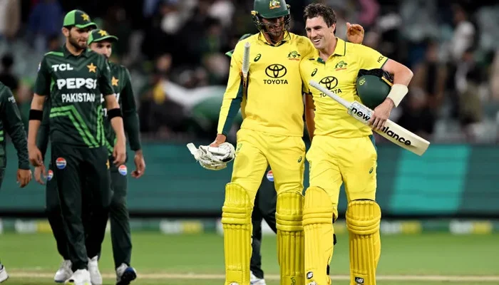 Pakistan vs Australia 3 Match ODI Series 2026 promotional poster showing thrilling cricket action at Gaddafi Stadium Lahore. Matches on May 30 in Rawalpindi and June 2 & 4 in Lahore.