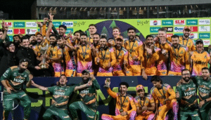 Peshawar Zalmi team and Babar Azam celebrating their PSL 11 final victory at Gaddafi Stadium