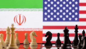 Illustration of US and Iran flags with chess pieces representing the strategic diplomatic peace talks and 14-point proposal.