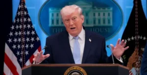 Donald Trump speaking at the White House about Iran deal hopes and Hormuz oil tensions