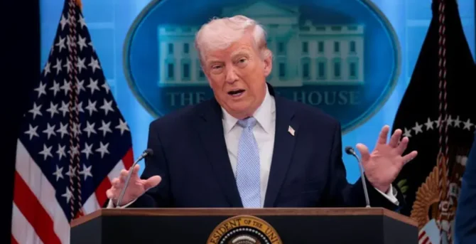 Donald Trump speaking at the White House about Iran deal hopes and Hormuz oil tensions