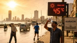Karachi Heatwave image showing extreme summer heat, a man cooling himself with water, and a 45°C feels like temperature display.